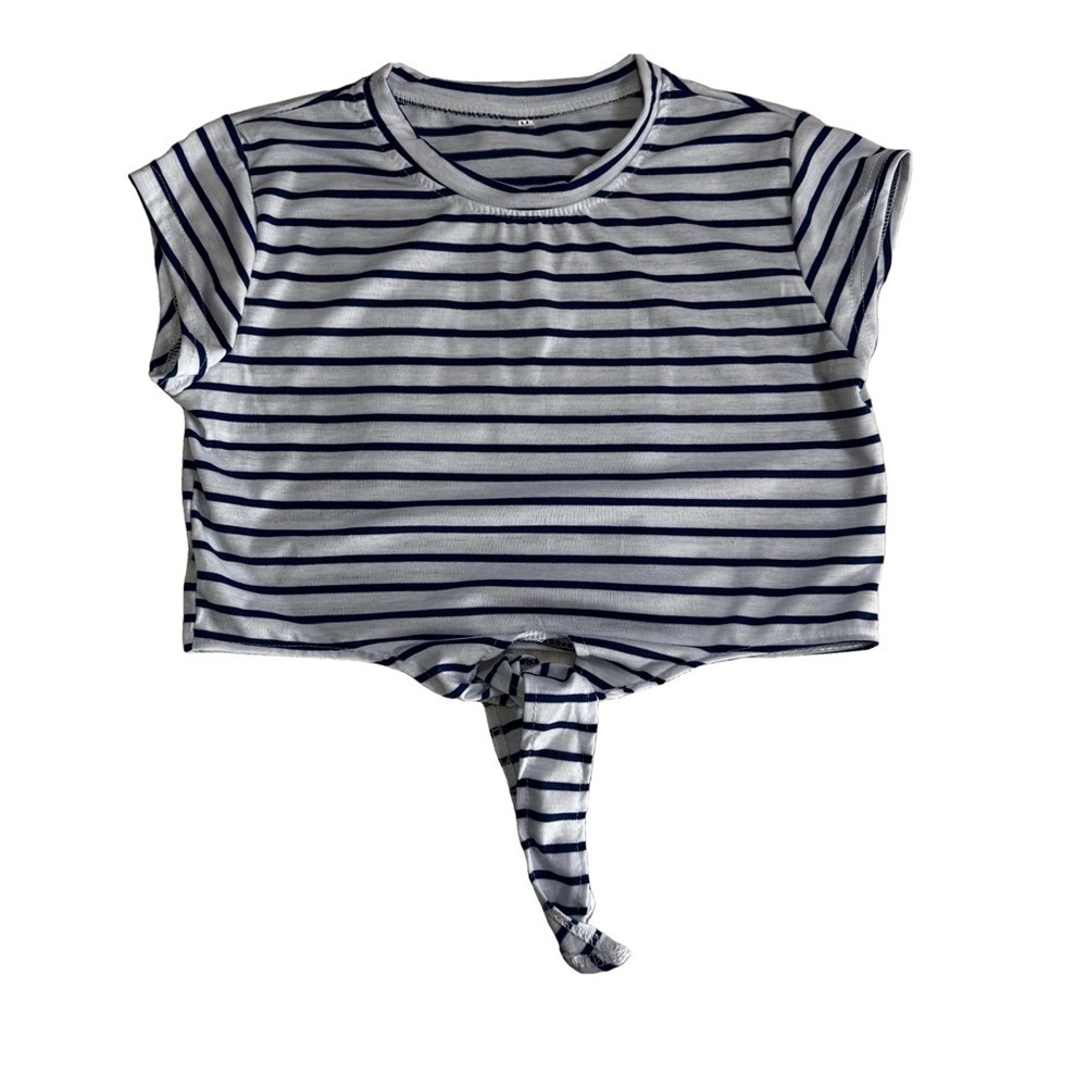 Zara Women's Navy White Striped
Cropped T-Shirt Top Tee Size Medium Tie Front